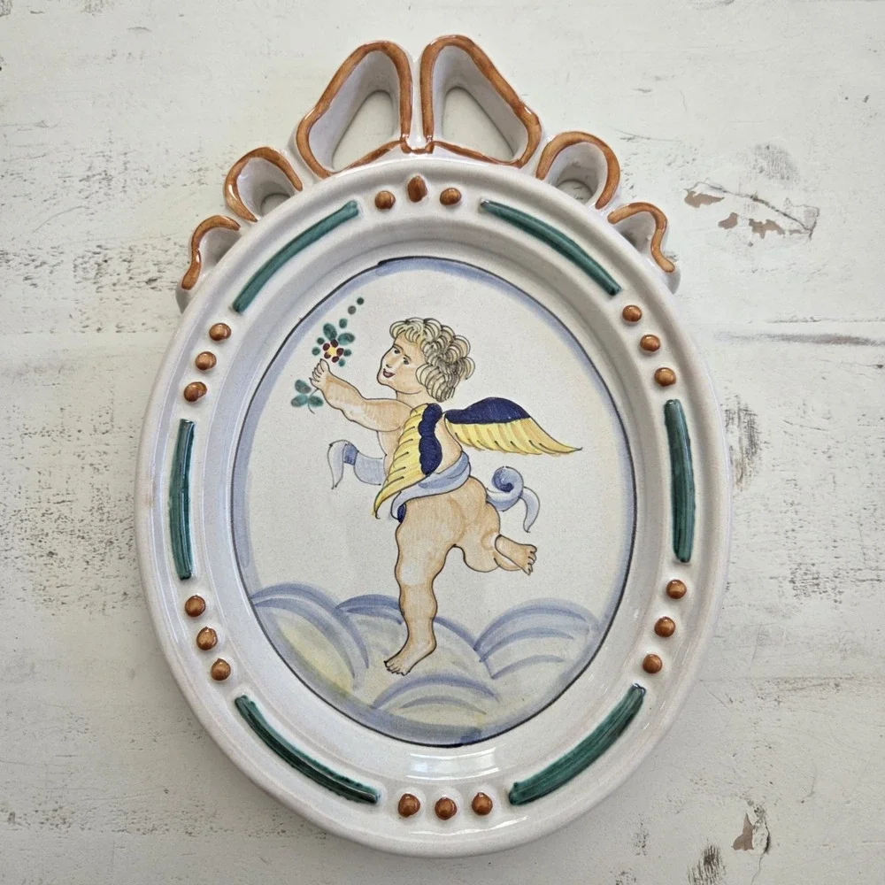 Pair Of Vintage Ceramiche d'Arte Sambuco Cherub Handpainted Ceramic Wall Plaques